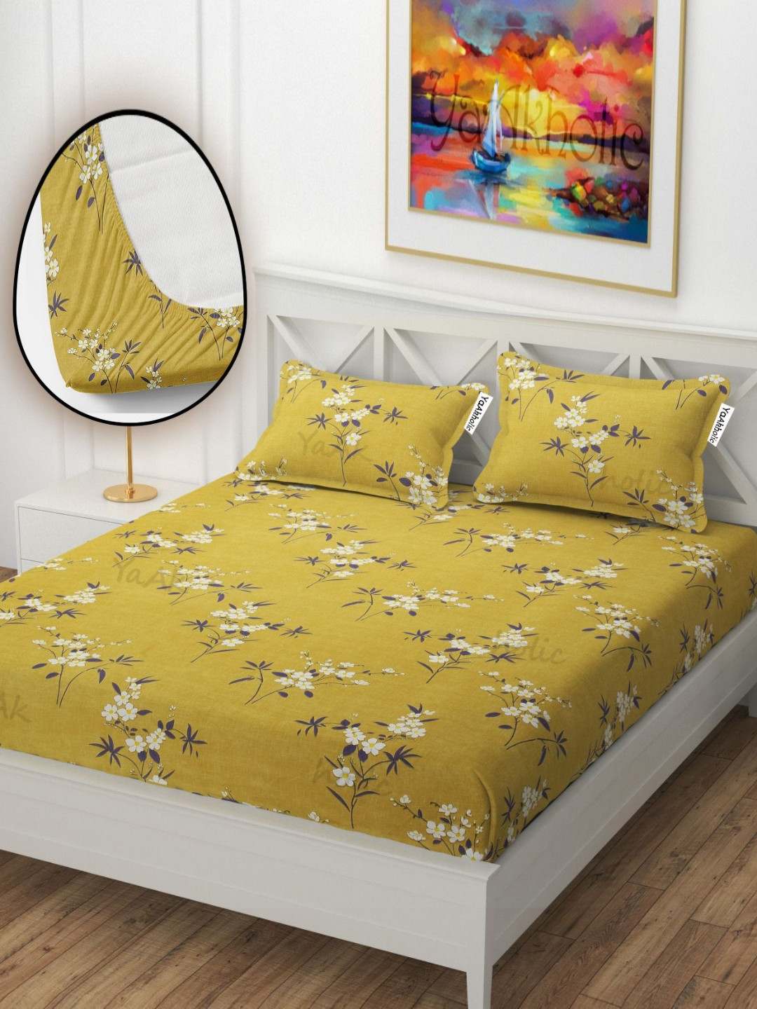 YaAkholic Yellow Floral Microfiber Wrinkle Free 210 TC Fitted Queen Superfine Bedsheet with 2 Pillow Covers-78 x 72 inches