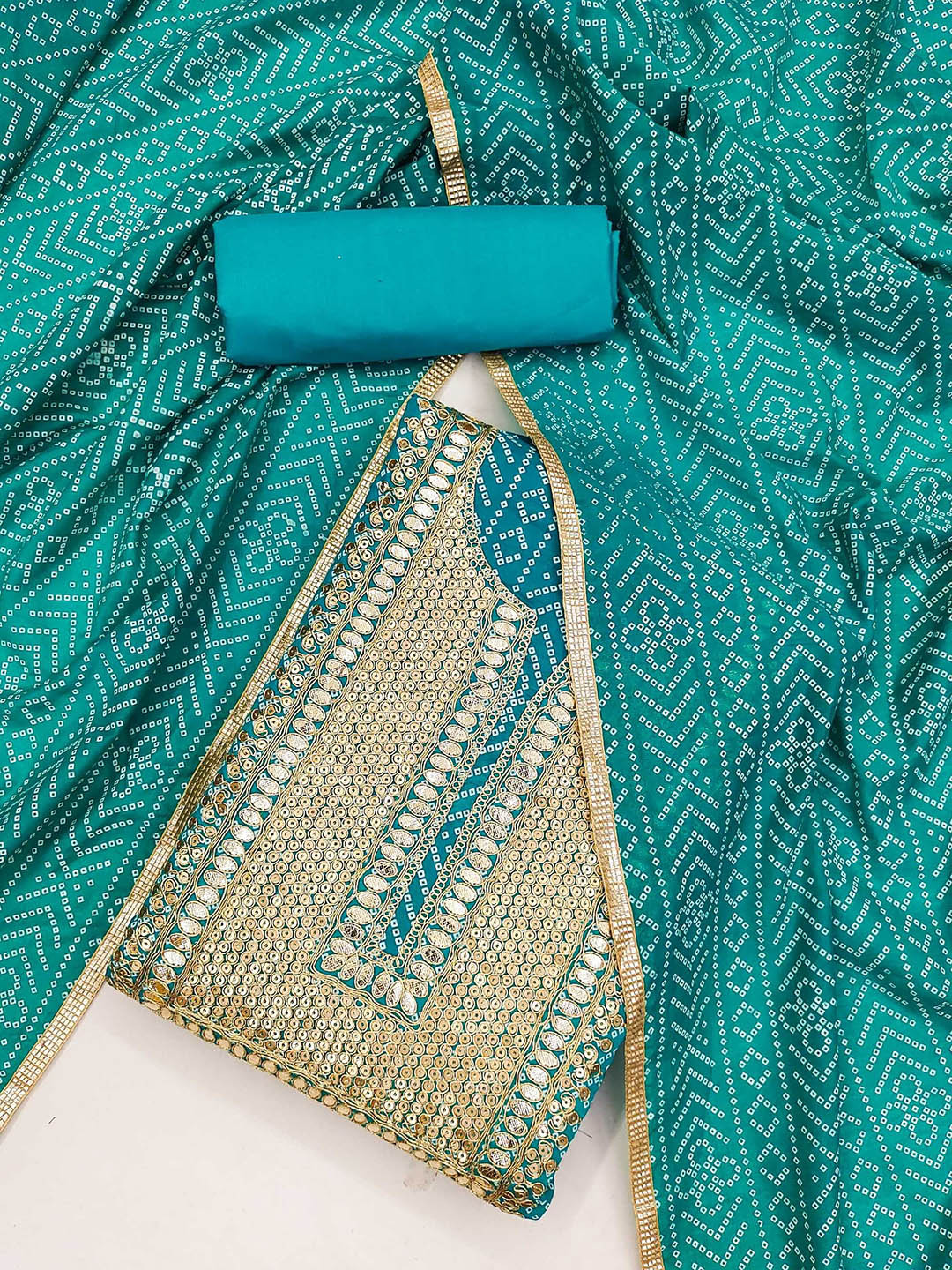 LeeliPeeri Designer Bandhnai Printed Gotta Patti Chanderi Silk Unstitched Dress Material