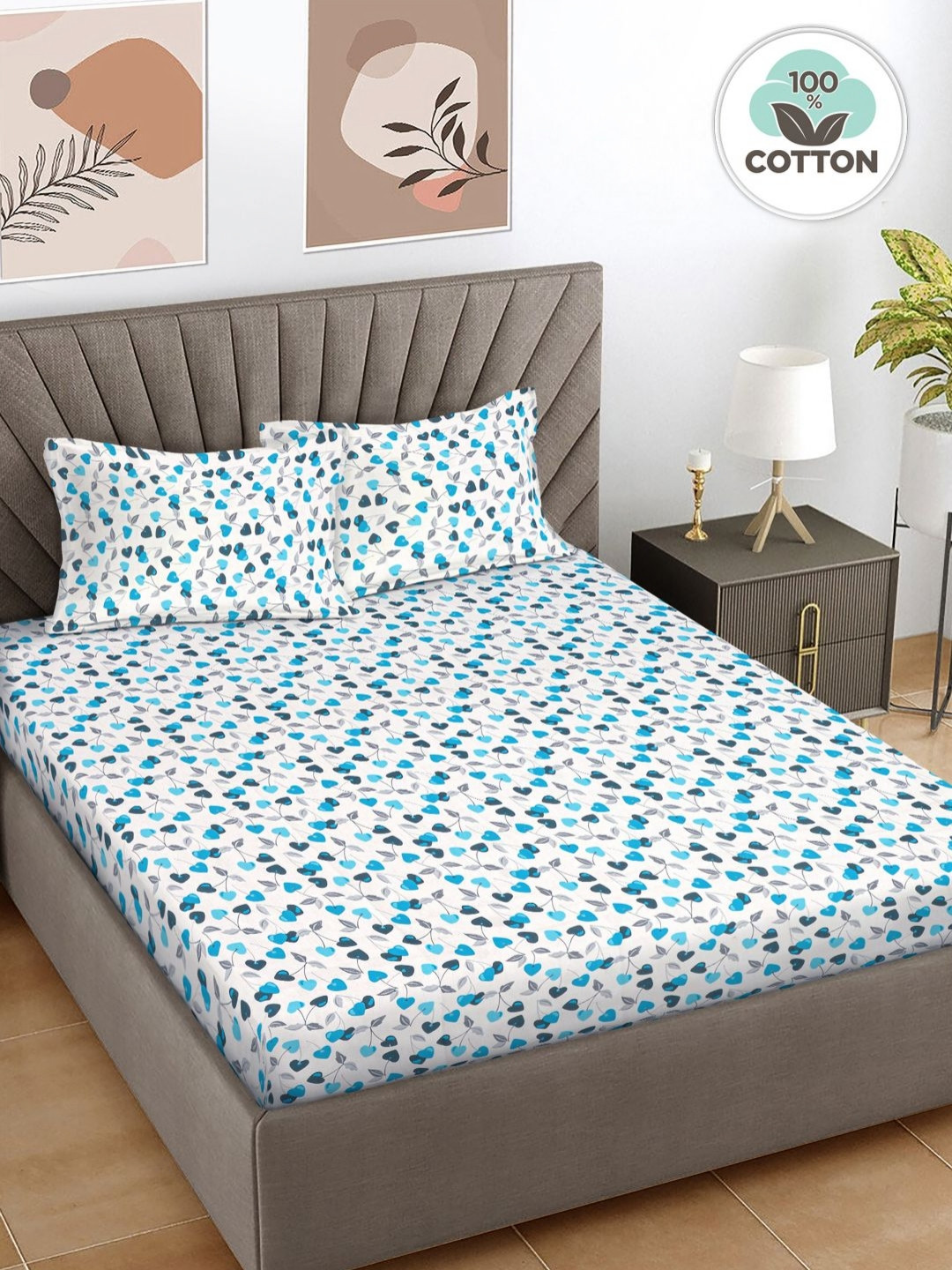 Myntra Elegant Homes Satin Glory Single Blue Floral Pure Cotton Breathable 300 TC King Fine Bedsheet with 2 Pillow Covers-250 x 225 cm