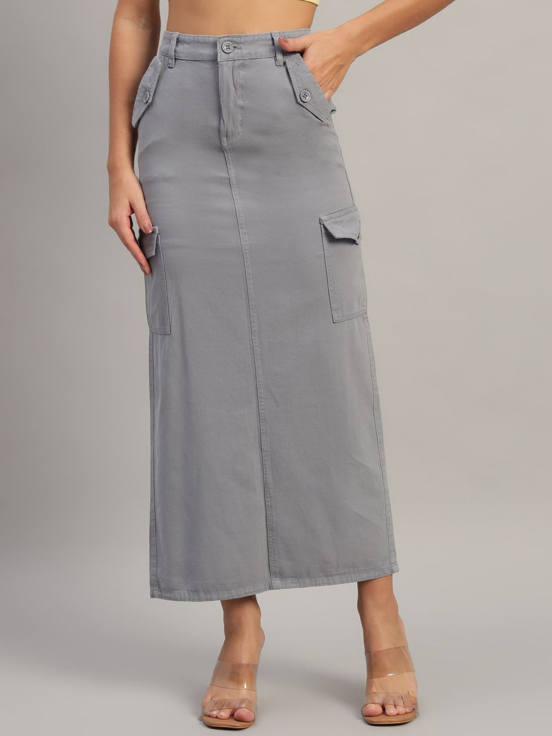 The Roadster Lifestyle Co 100% Cotton Straight Cargo Midi Skirt With Back Slit