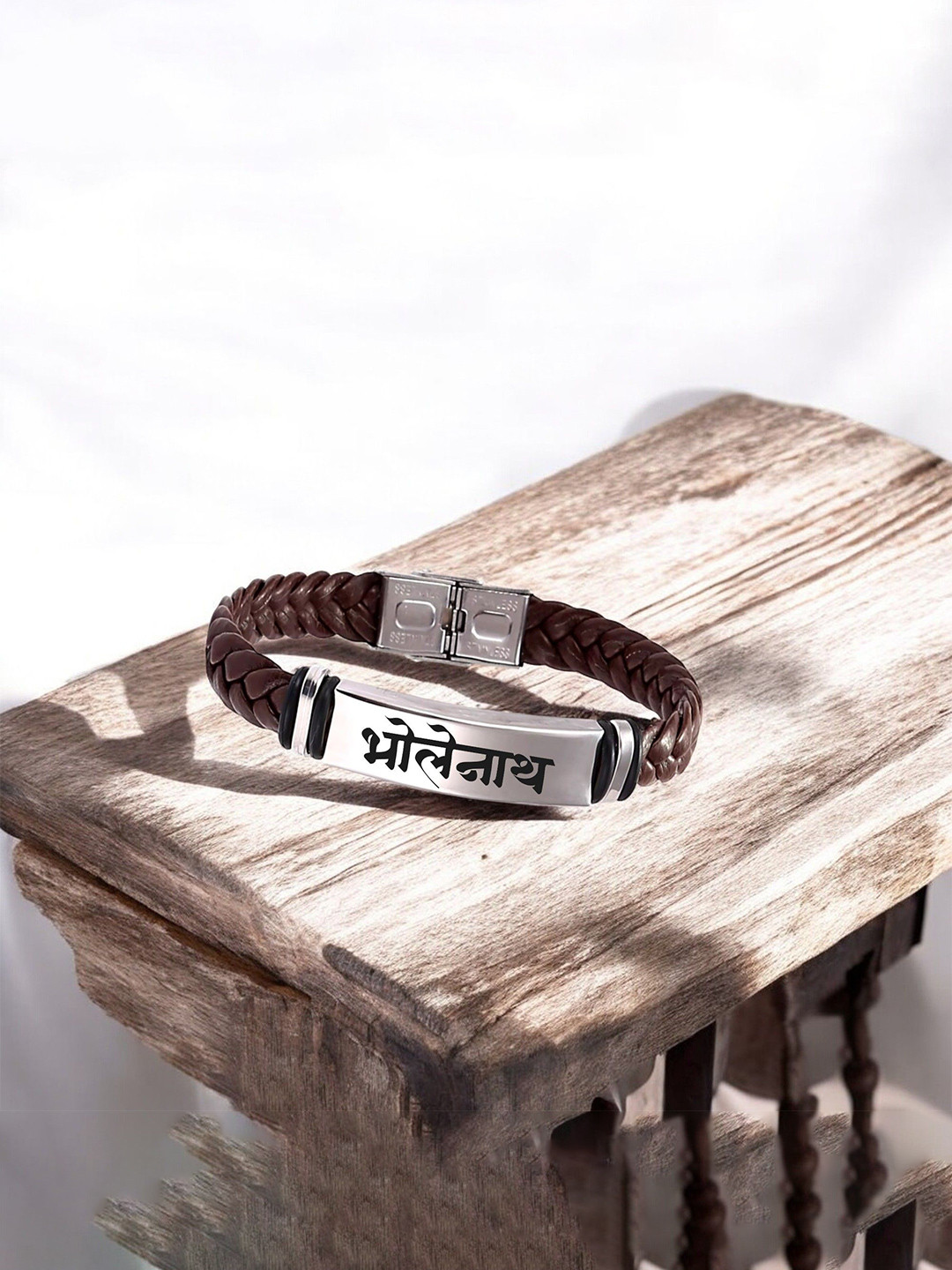 M Men Style Men Leather Silver-Plated Wraparound Interlock Bracelet