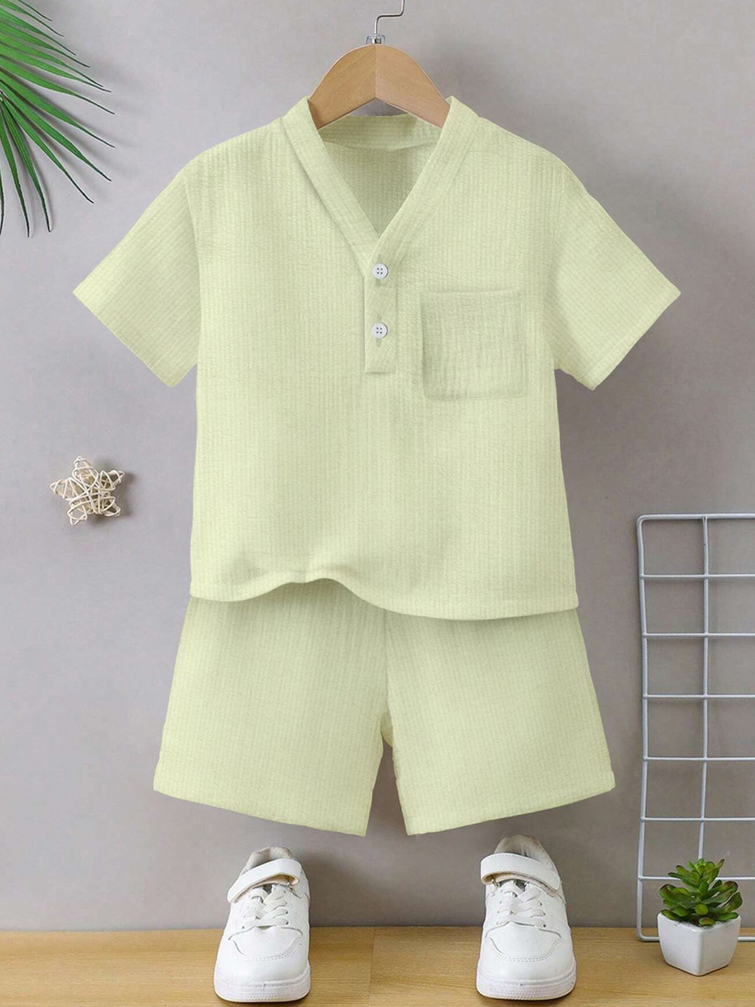 OMPAX Boys Self Design V-Neck T-shirt With Shorts