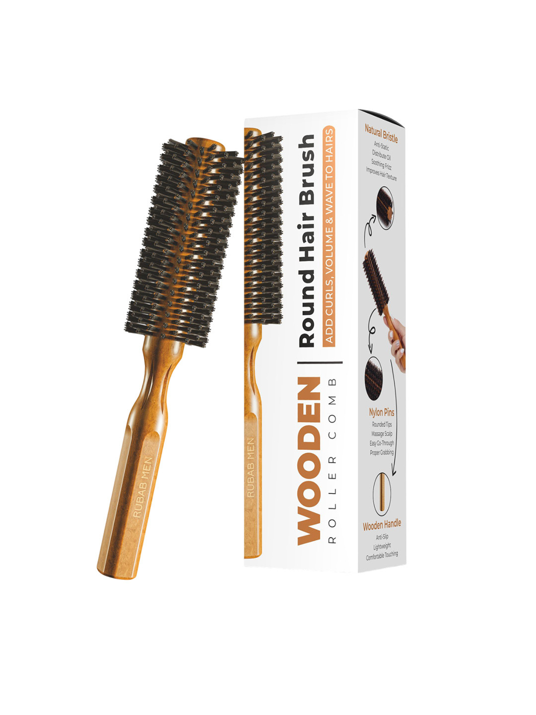 RUBAB MEN Wooden Roller Hair Comb