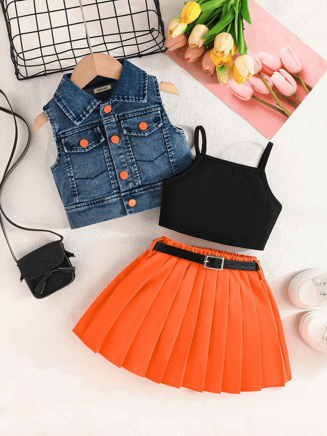 INCLUD Girls Sleeveless Denim Jacket With Pleated Skirt And Camisole Top