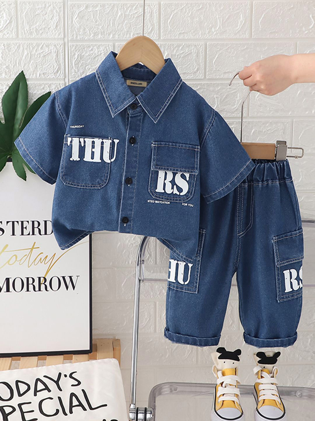 INCLUD Boys Printed Short Sleeves Denim Shirt With Cargo Pants