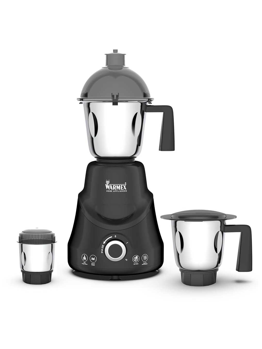Warmex Home Appliances 100% Copper Black Stainless Steel Copper Motor 3 Jars Wet and Dry Grinder with Juicer-850W