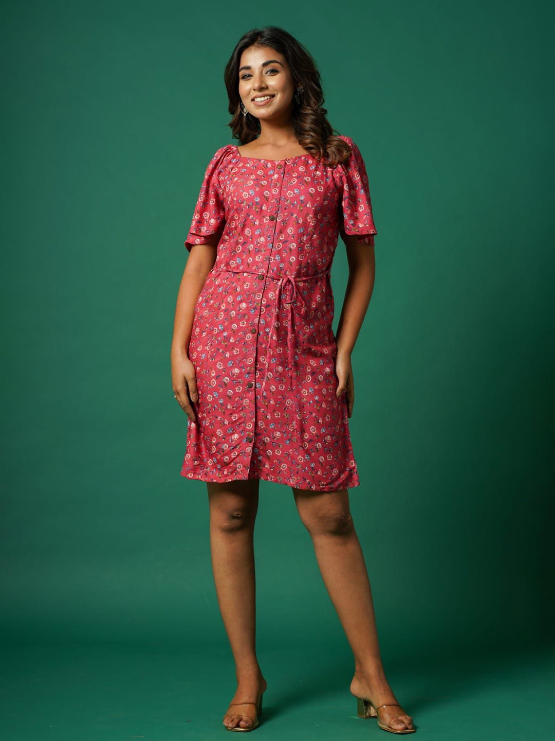 AUTUMN LANE Floral Print Flared Sleeve A-Line Dress