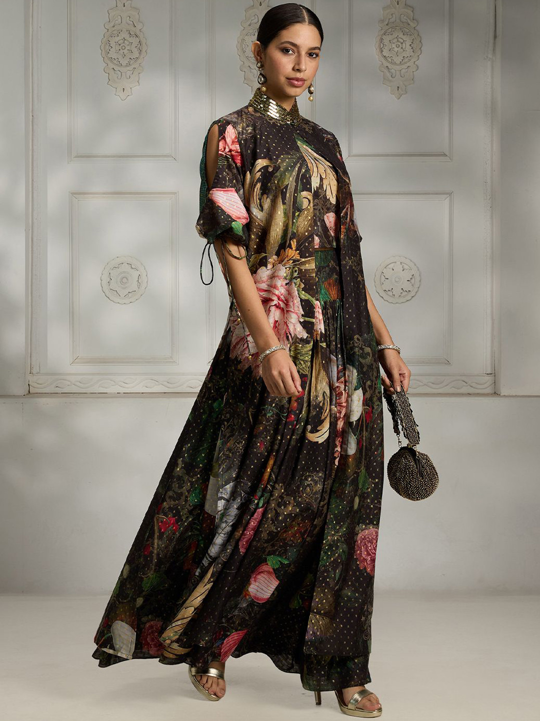 Rivaar By Rocky Star Botanical Printed Crop Top With Skirt & Shrug Co-Ords