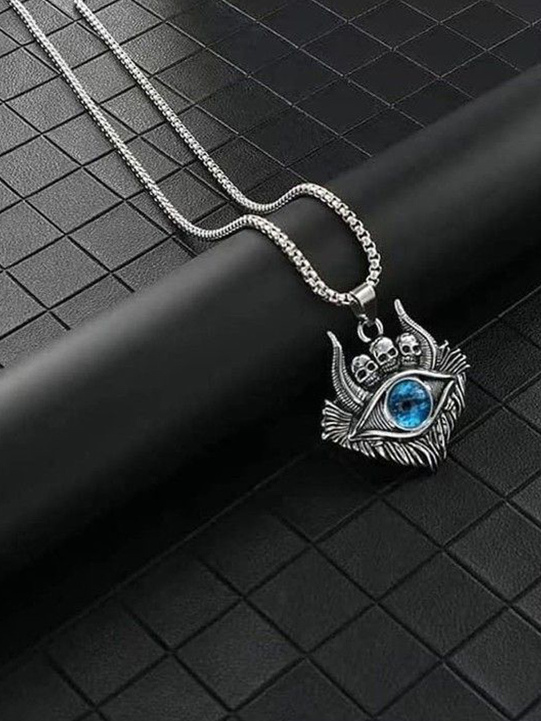 AGARWALPRODUCT Unisex Stainless Steel Silver-Plated  Evil Eyes Shaped Pendant With Chain