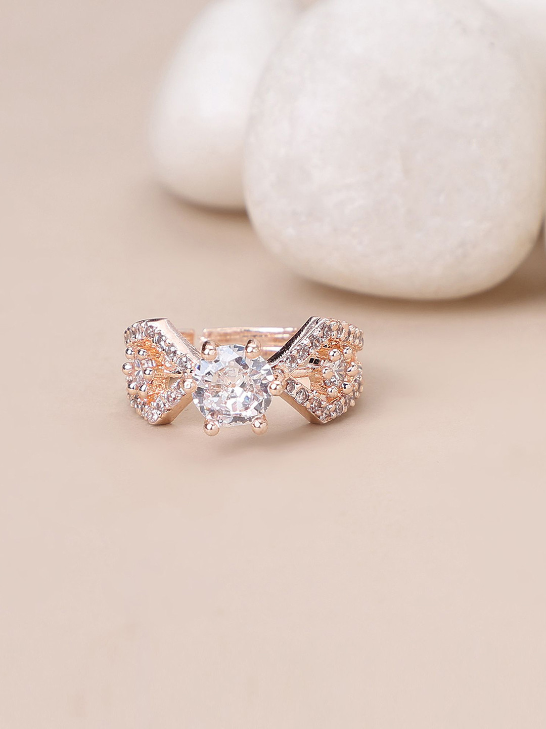 Opal Touch Rose Gold-Plated Cubic Zirconia-Studded Adjustable Finger Ring