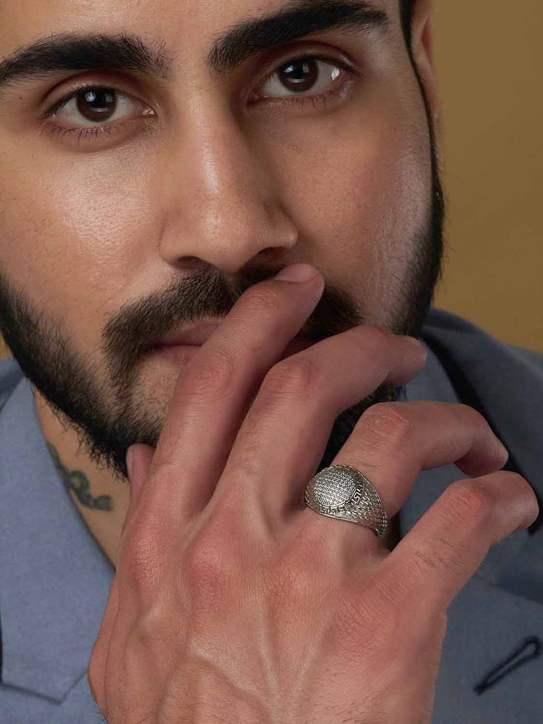 LeCalla Men 925 Sterling Silver Plated Cubic Zirconia-Studded Antique Band Ring