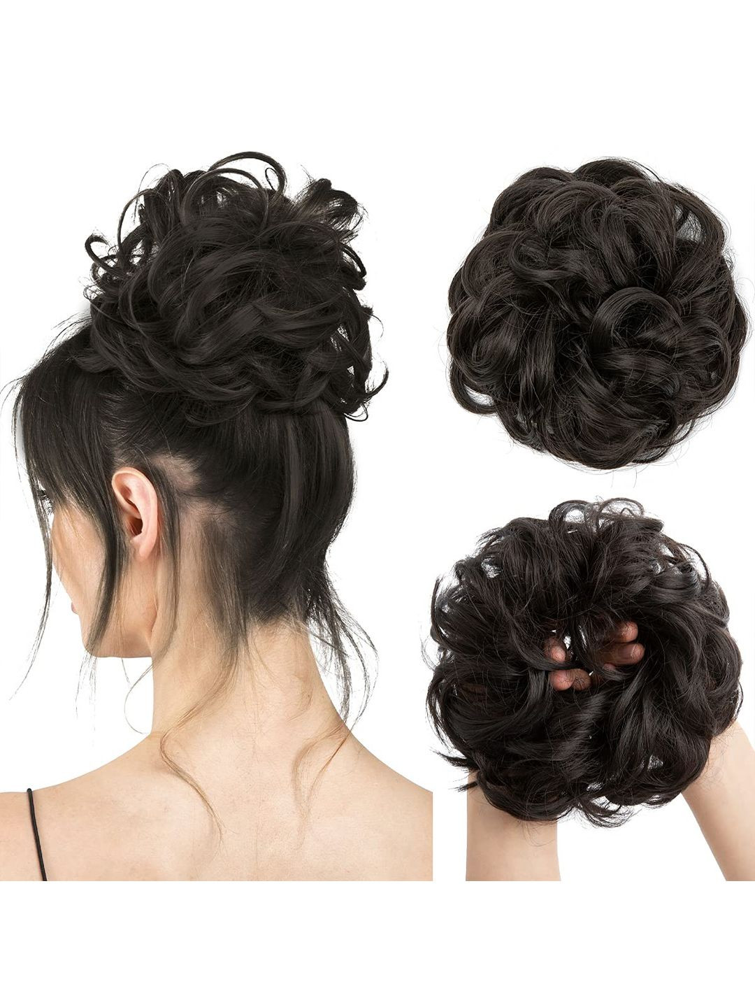 KRENOZ Halo Large Wavy Curly Messy Bun Hair Extension - Black - 8 Inch