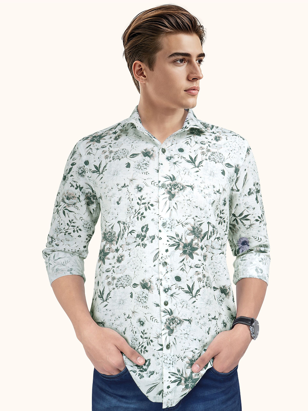 ROUGHELLS Floral Printed Spread Collar Casual Slim Fit Shirt
