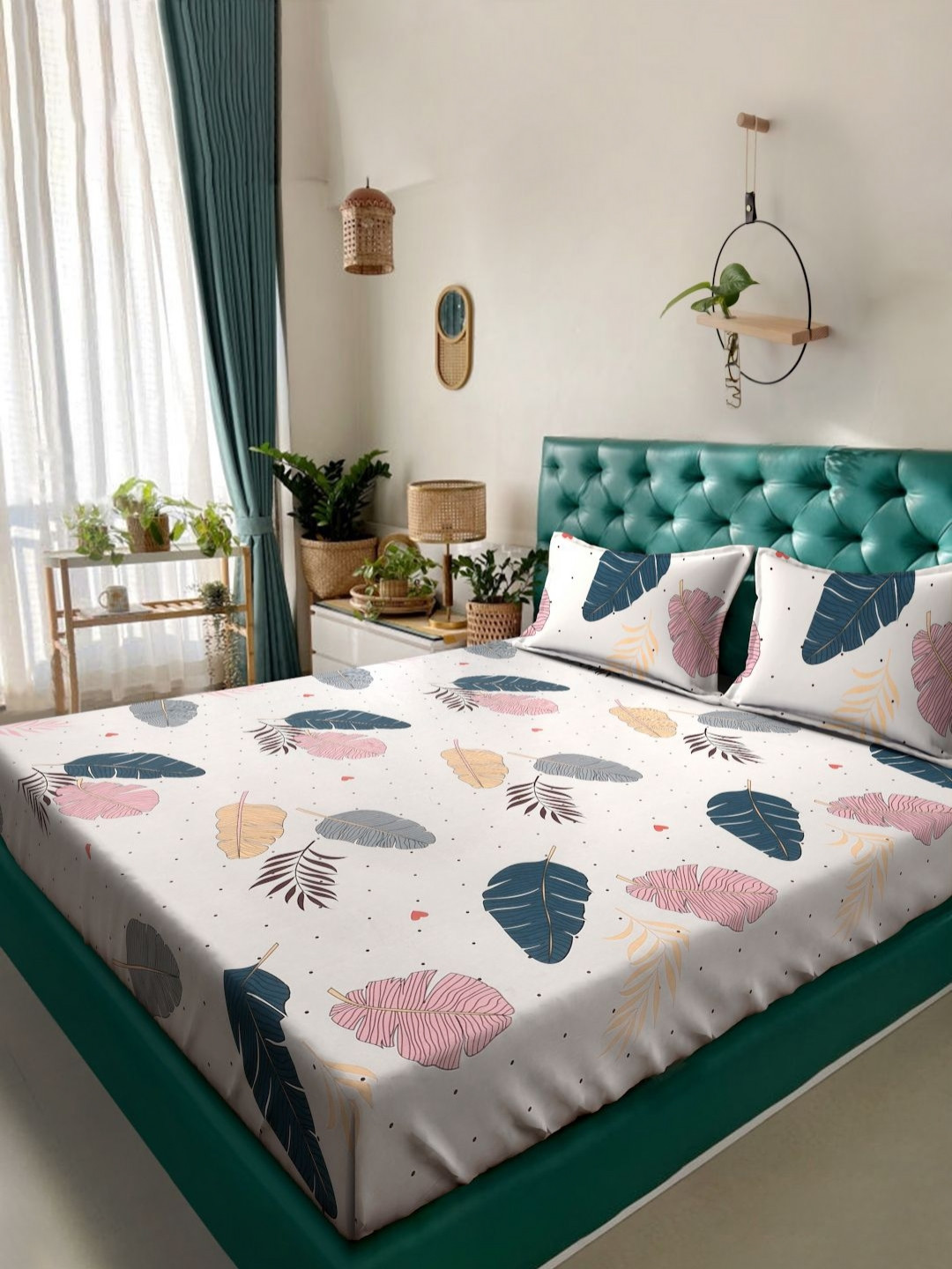 KLOTTHE Flower Cream Leaf Cotton 300 TC King Fine Bedsheet with 2 Pillow Covers-98 x 89 inches