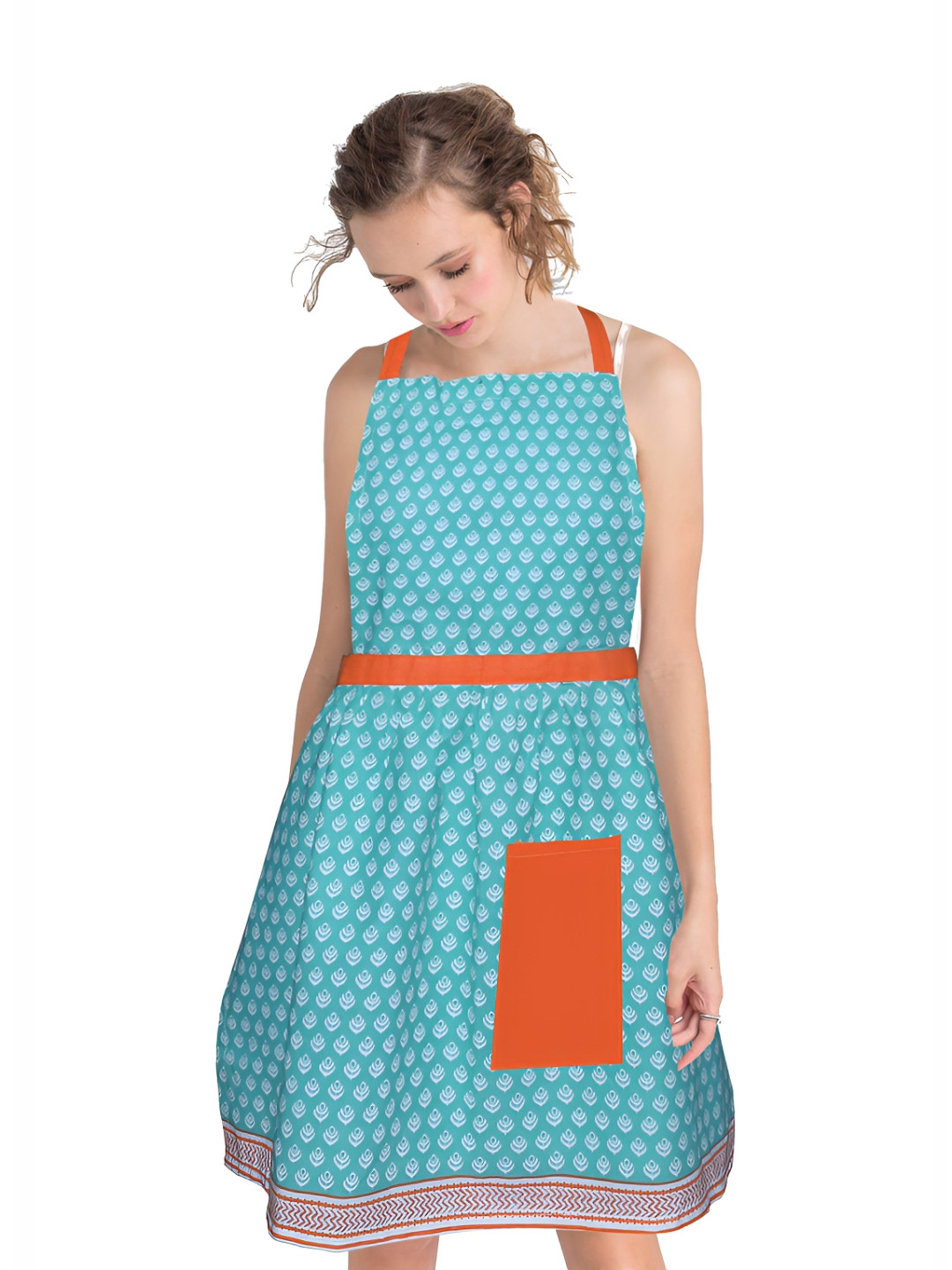 HOME COLORS.IN Blue & Orange-Coloured Printed Cotton Adjustable Apron