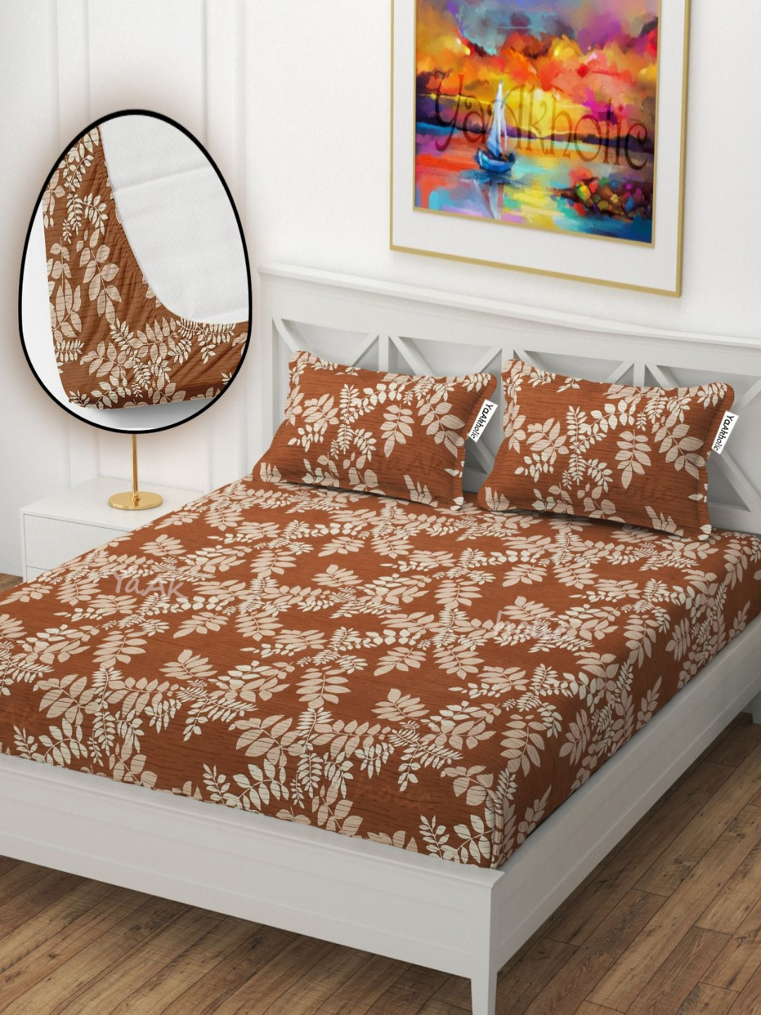YaAkholic Brown Leaf Microfiber Wrinkle Free 210 TC Fitted Queen Fine Bedsheet with 2 Pillow Covers-78 x 72 inches