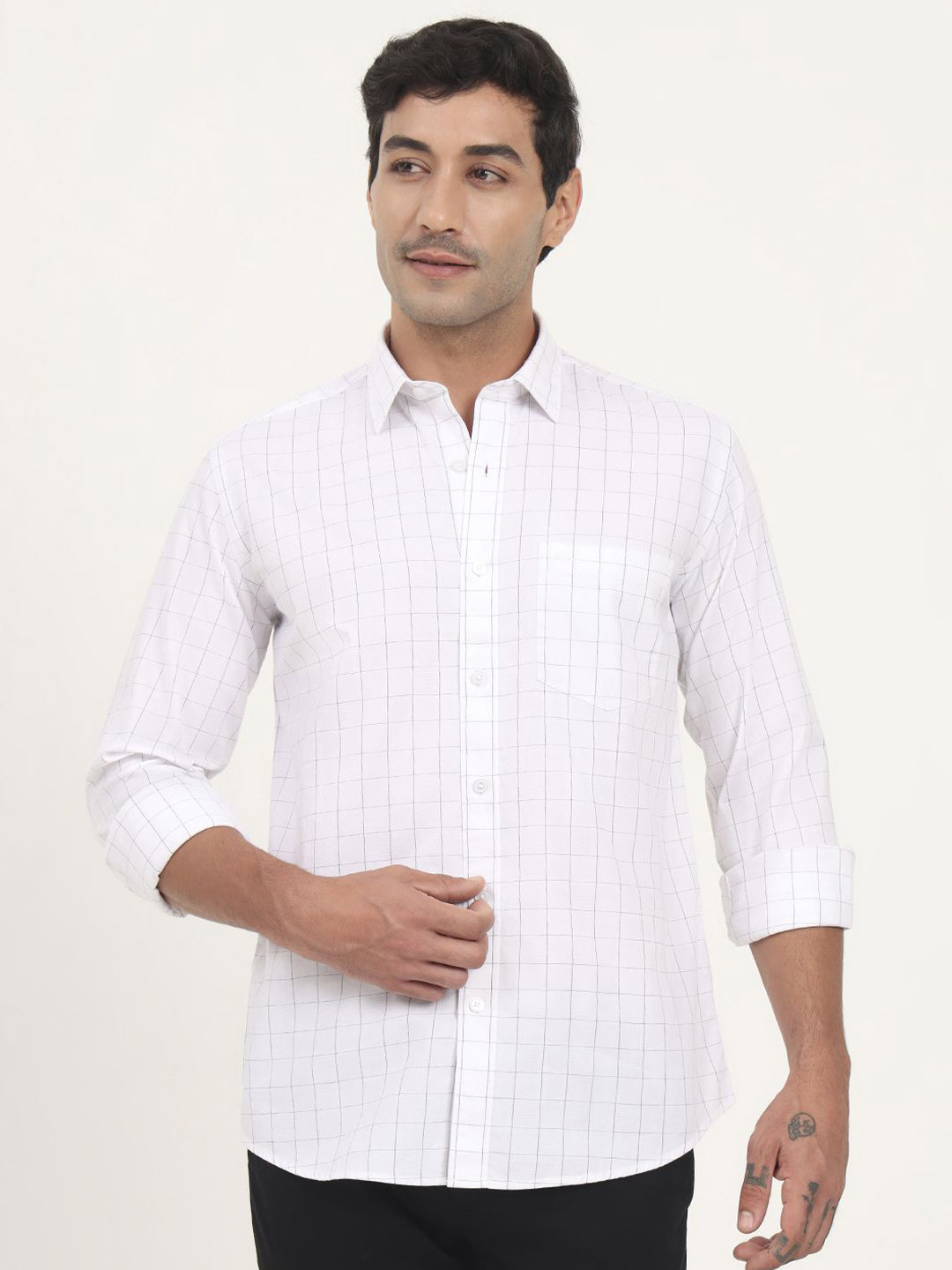 JADE BLUE Grid Tattersall Checks Printed Slim Fit Opaque Checked Cotton Shirt