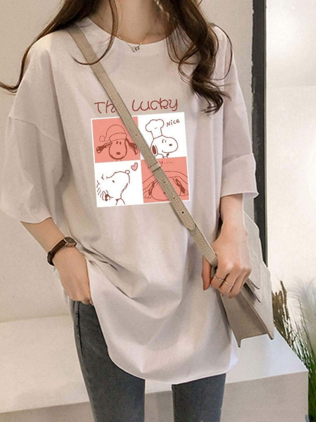 StyleCast Cream Coloured Graphic Printed Oversized Cotton T-shirt