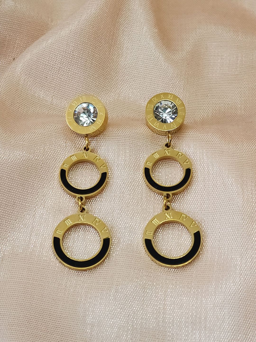 DressBerry Stainless Steel Gold-Plated Stones Studded Circular Shaped Roman Drop Earrings