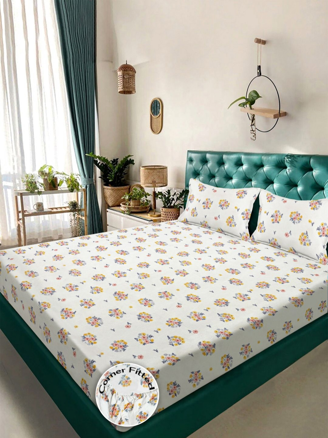 KLOTTHE Cream-Coloured Floral Printed 300 TC King Double Bedsheet Set 2.50 x 2.25 m