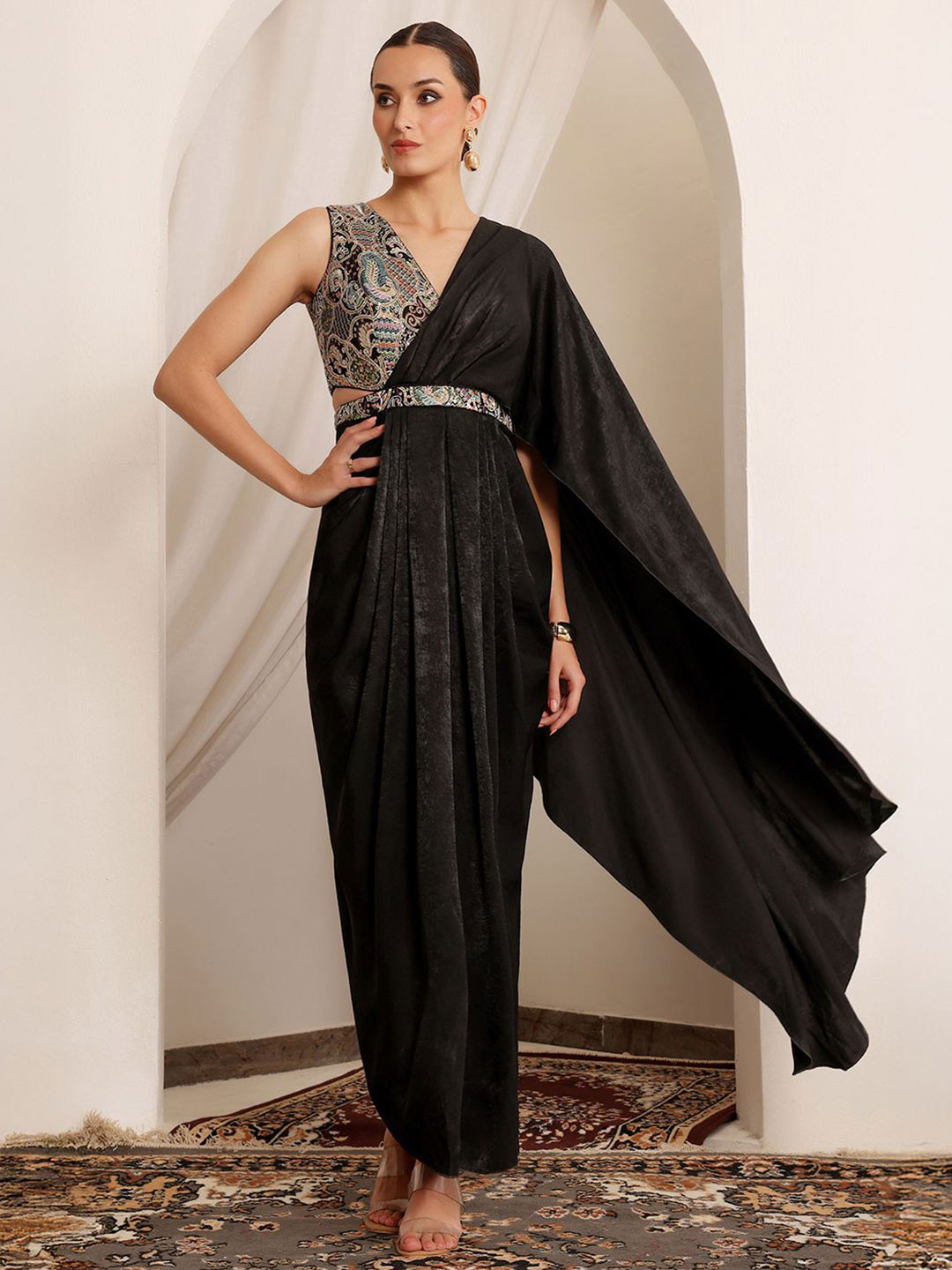 Miss Chase Luxe Women Black Asymmetric Embroidered Draped Satin Maxi Dress