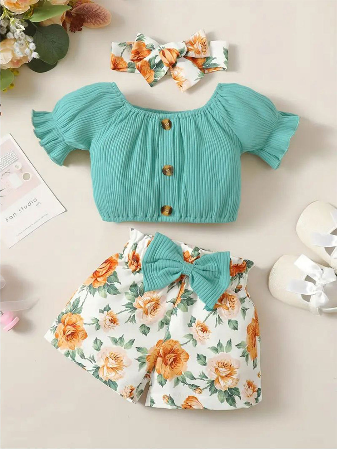 FAVORITE STORE Girls Off-Shoulder Neck Top With Shorts & Headband