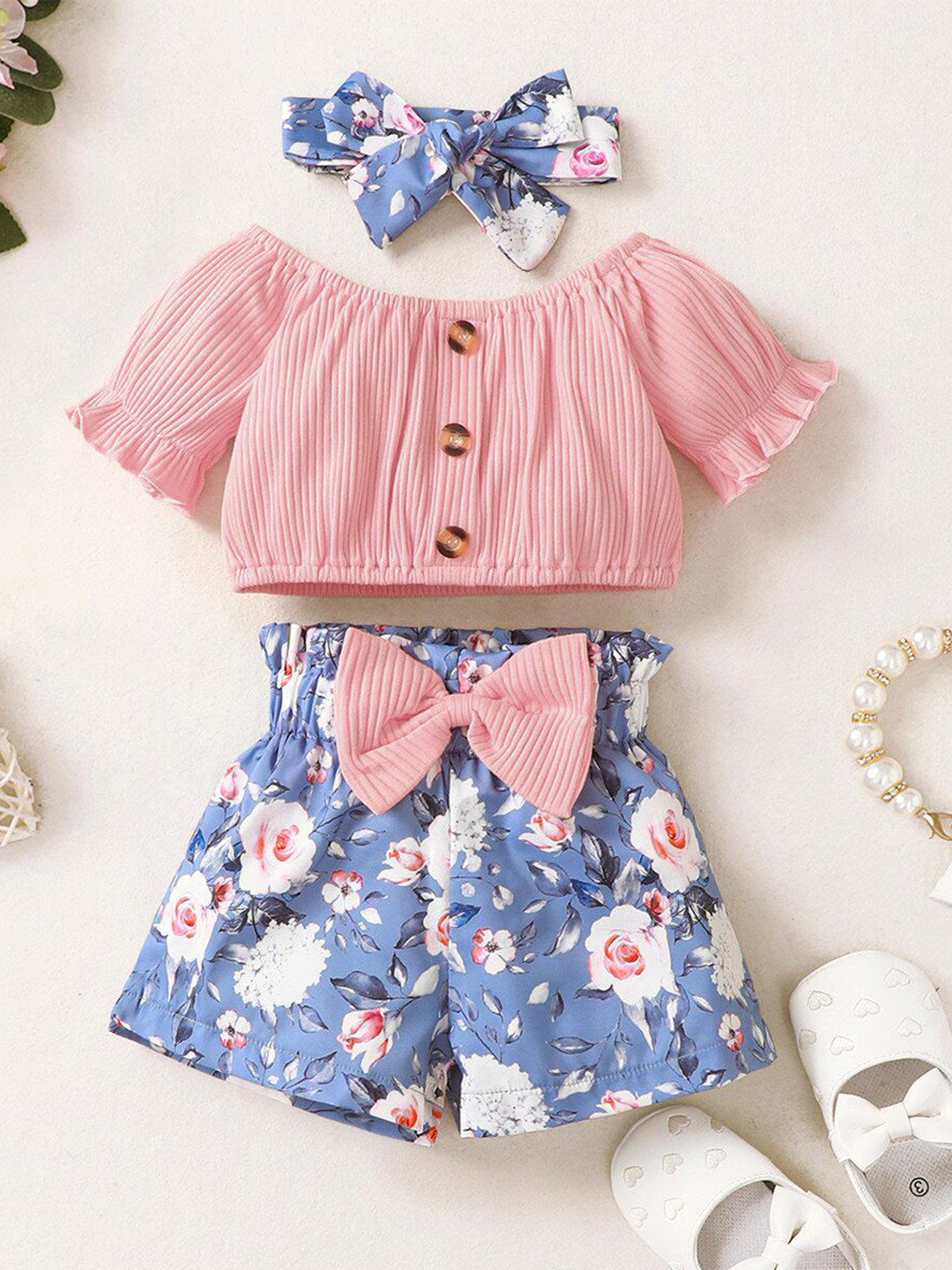 FAVORITE STORE Girls Off-Shoulder Neck Top With Shorts & Headband