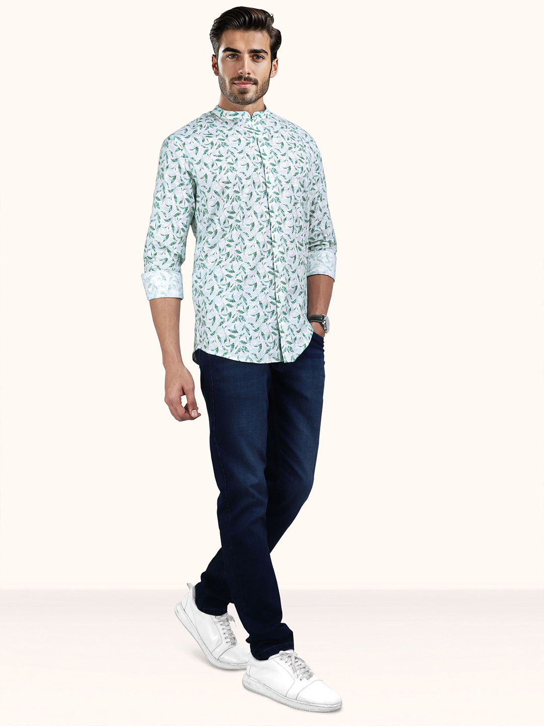 ROUGHELLS Floral Printed Mandarin Collar Casual Smart Fit Shirt