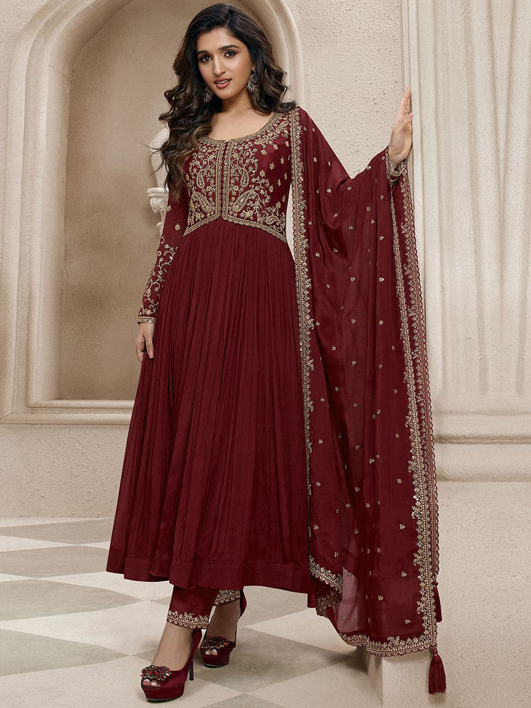 Trendmalls Women Ethnic Motifs Embroidered Pleated Sequinned Silk Chiffon Kurta with Trousers & With Dupatta