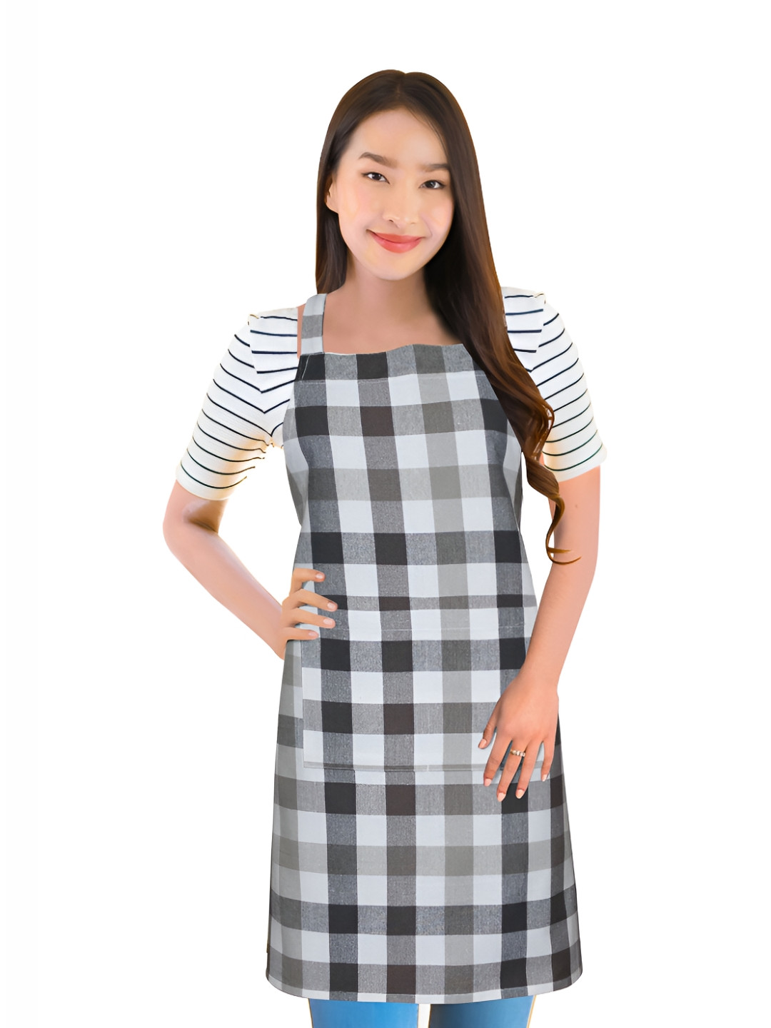 HOME COLORS.IN Brown & White Checked Cotton Apron With Front Pocket