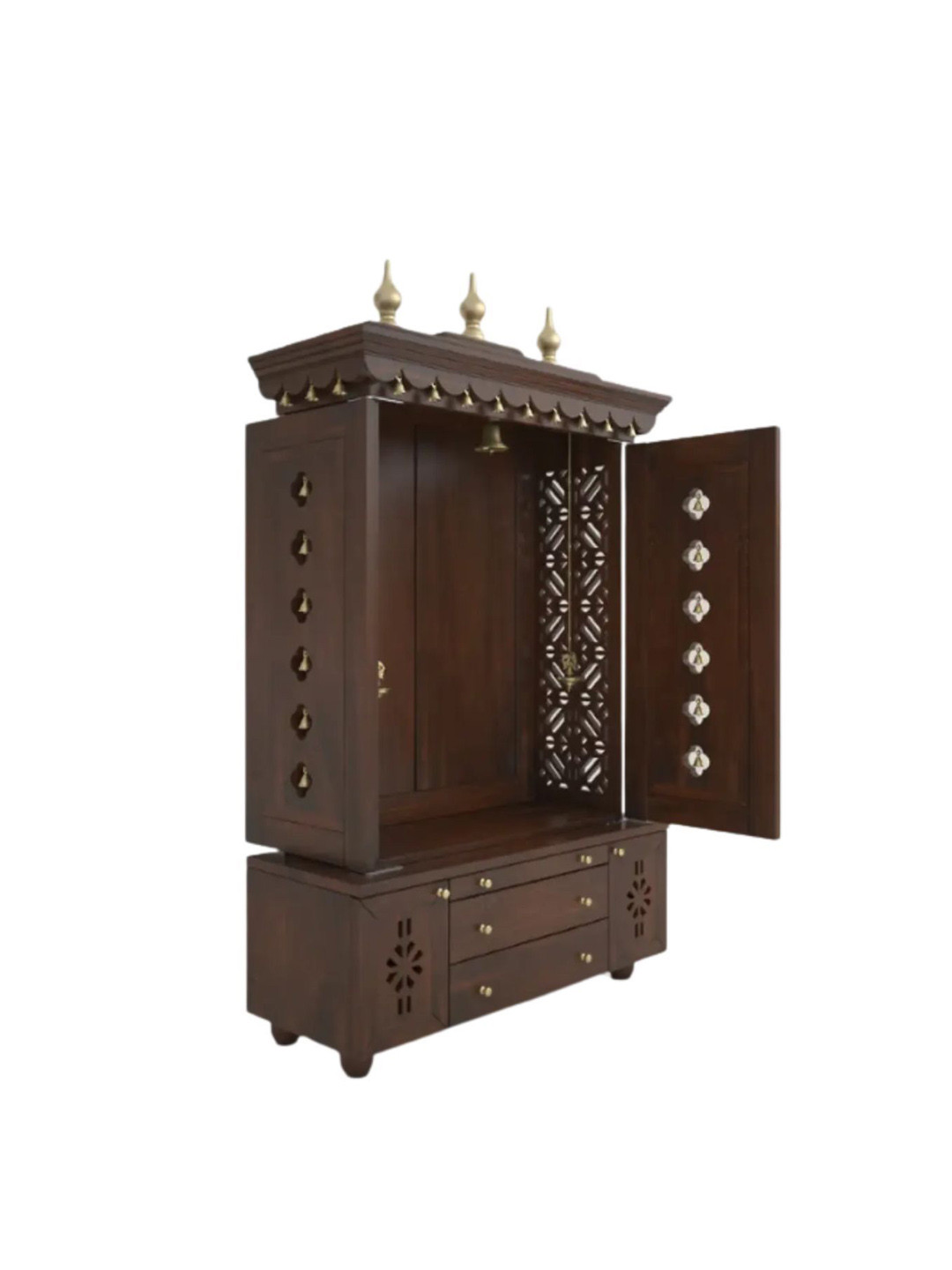 DZYN Furnitures Vrittika Brown & Gold Toned Floor Pooja Temple With Door