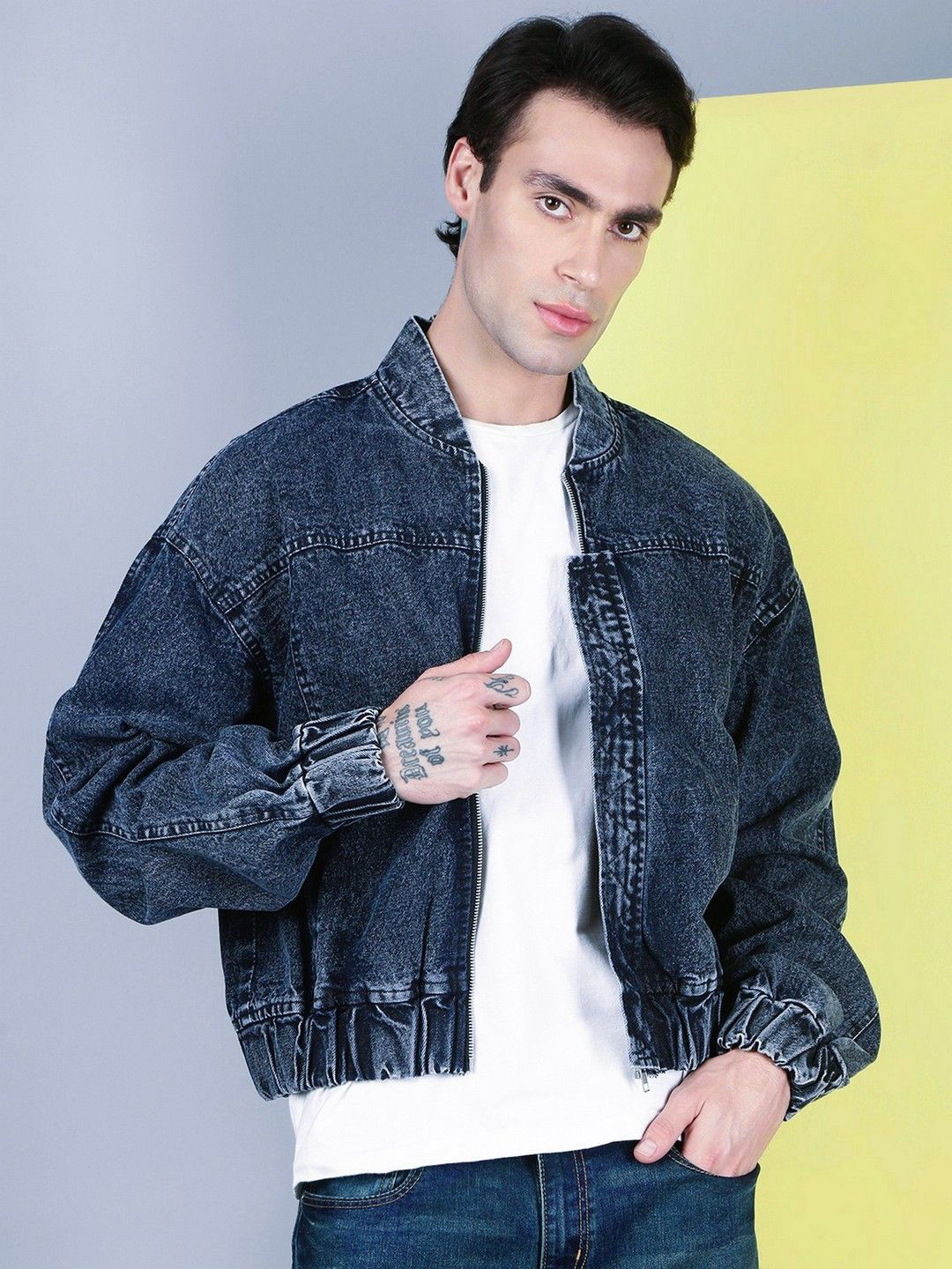 VOXATI Washed Printed Mock Collar Denim Jacket