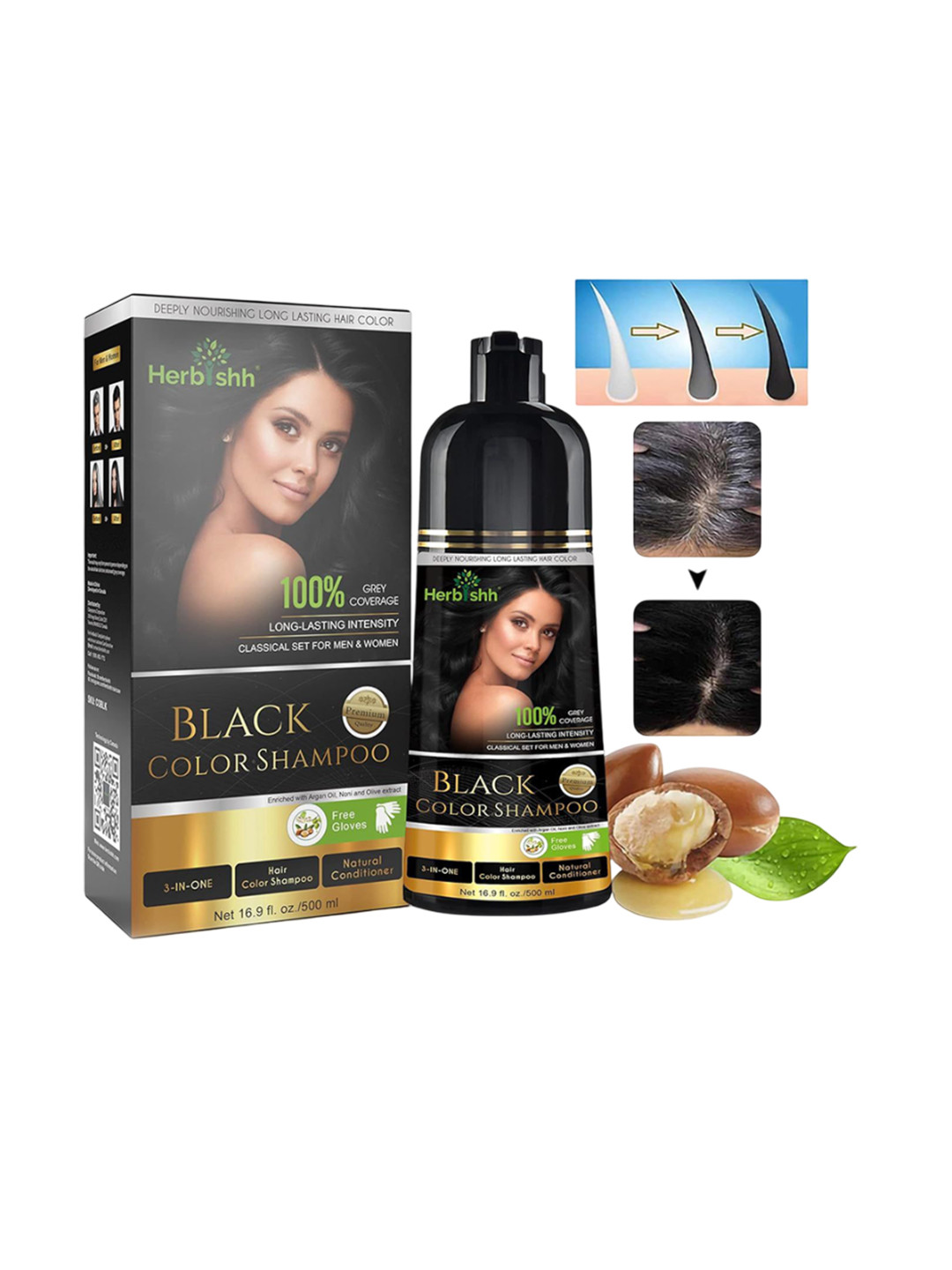 Herbishh Ammonia Free 3 In 1 Hair Dye Shampoo With Argan Oil - 500 ml - Black