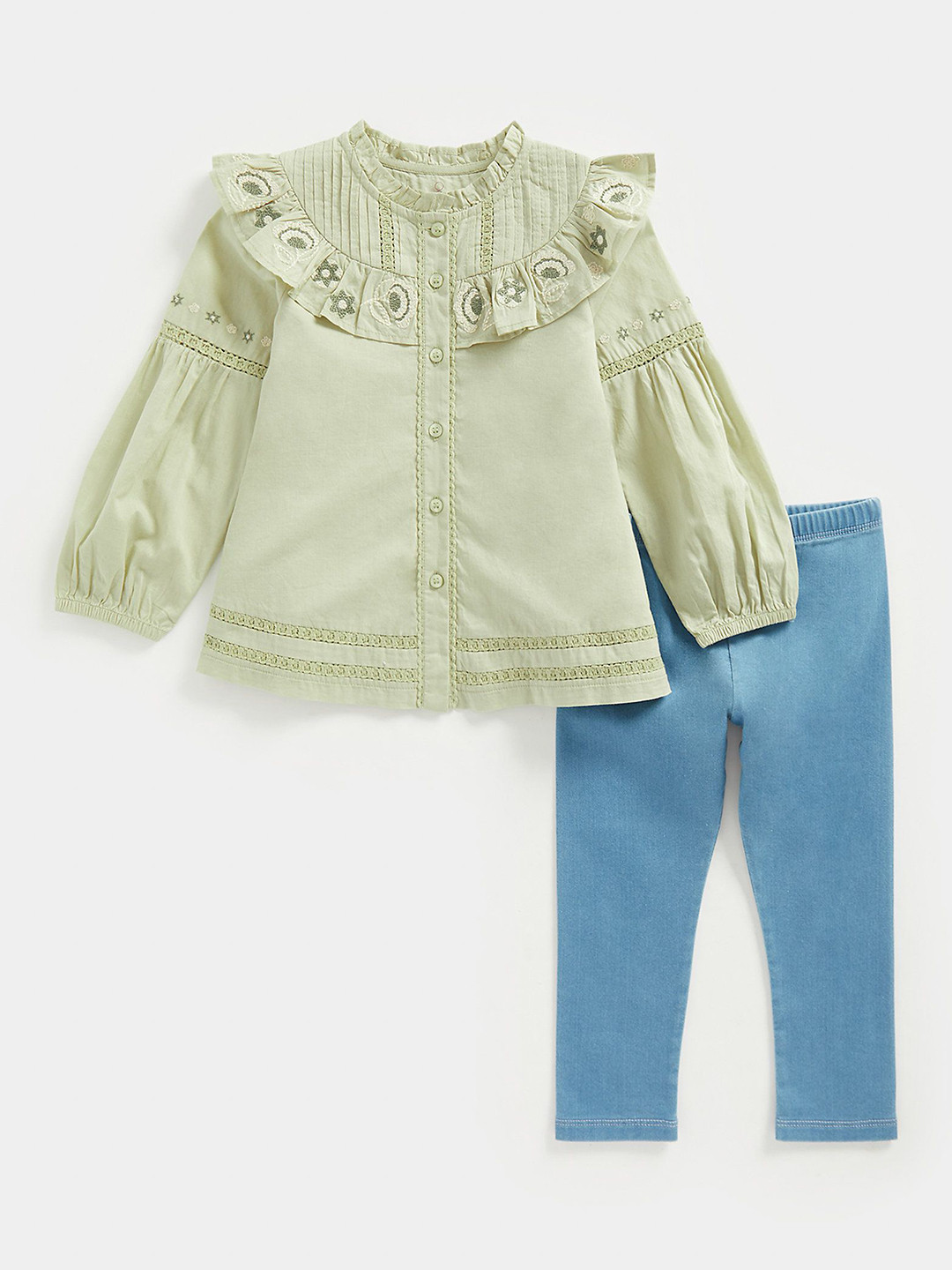 mothercare Girls Embroidered Pure Cotton Ruffled Blouse And Denim Leggings