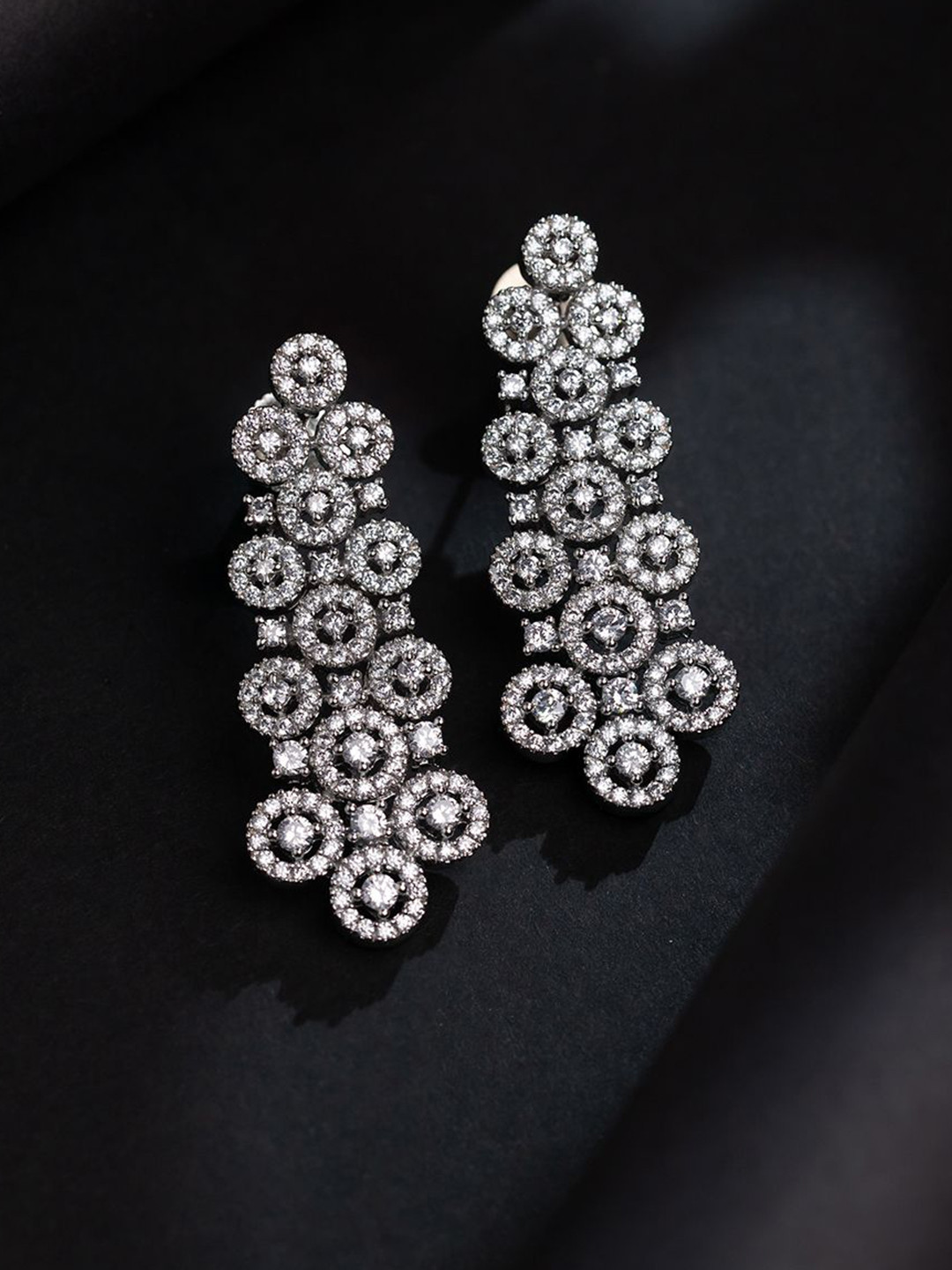 Voylla Serenade Rhodium-Plated American Diamond Studded Contemporary Drop Earrings