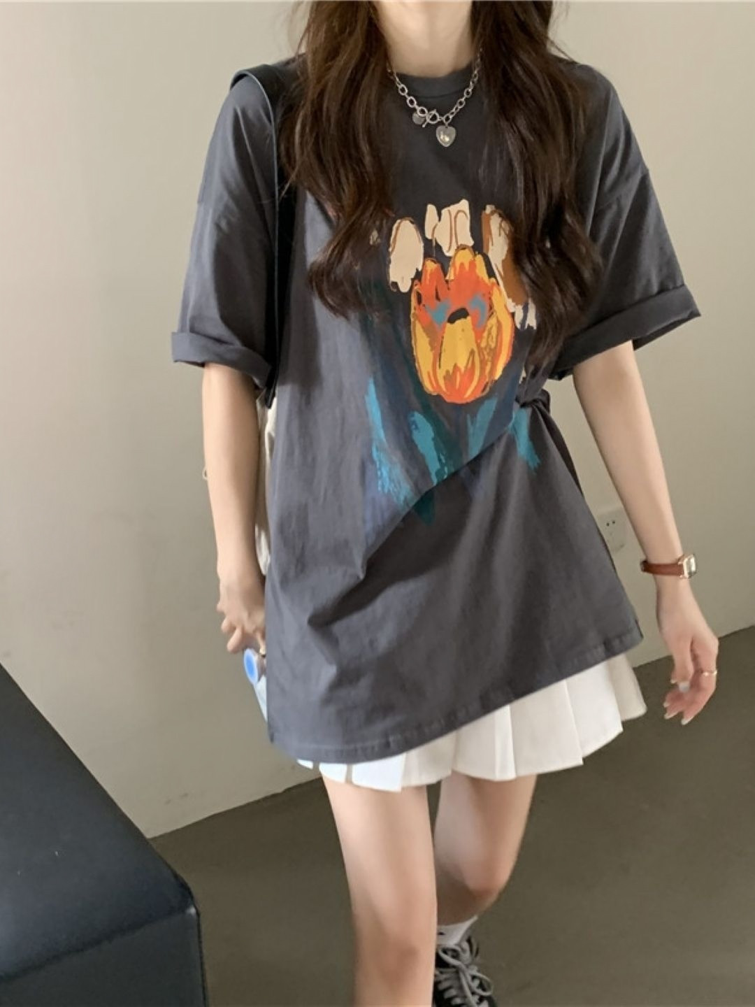 StyleCast Grey & Orange Graphic Printed Oversized T-shirt