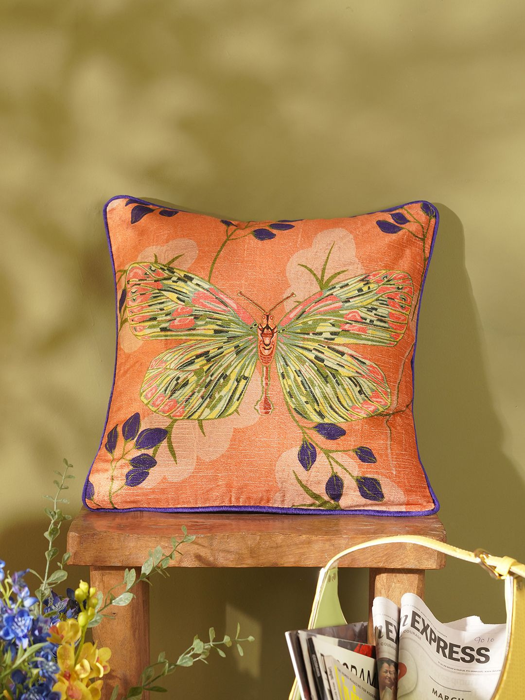 Pure Home and Living Orange & Green Butterfly Printed Velvet Square Cushion Cover