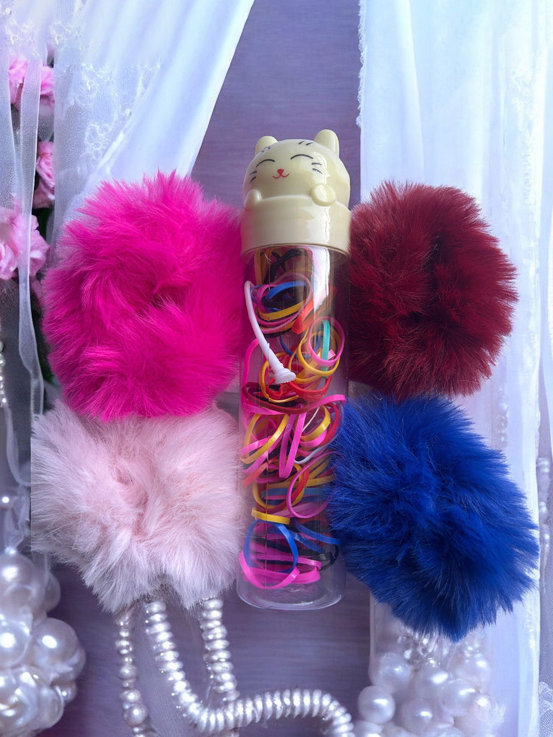 LYTIX Girls Set Of 4 Fur Ponytail Holders & Hair Units - 100Pcs