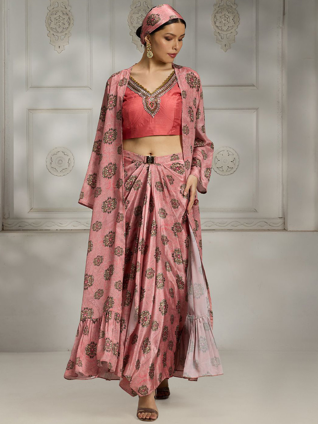 Rivaar By Rocky Printed V Neck Top Shrug With Skirt Co-Ords Set