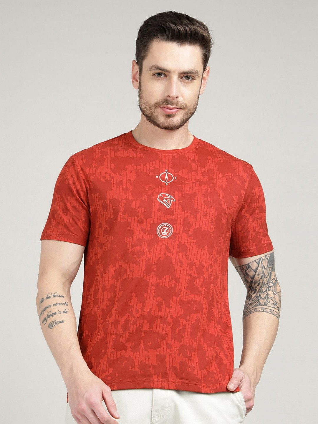 Royal Enfield Re Tonal Camo Abstract Printed Pure Cotton T-Shirt