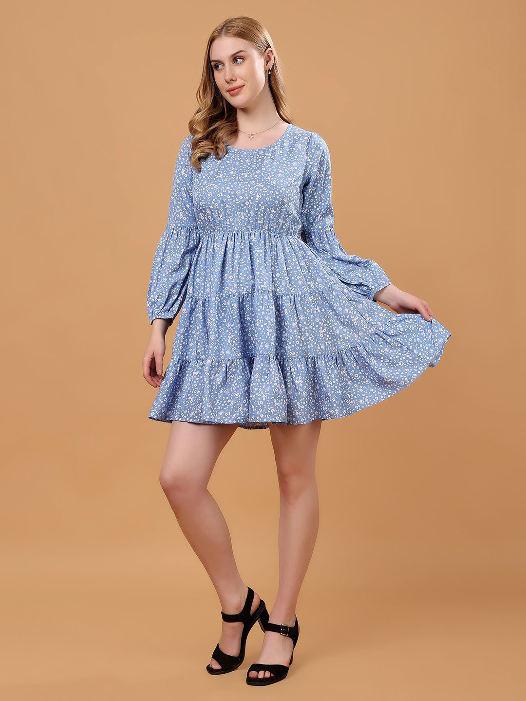 Louis Bayrad Women Floral Printed Puff Sleeve Crepe Fit & Flare Dress