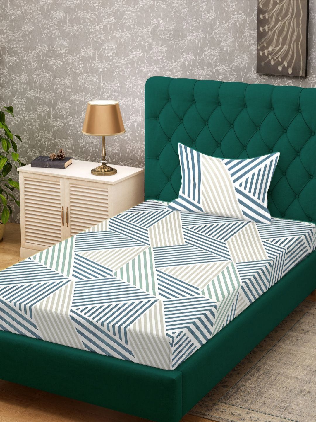 KLOTTHE Traditional Green Abstract Cotton 300 TC Single Fine Bedsheet with a Pillow Cover-225 x 150 cm