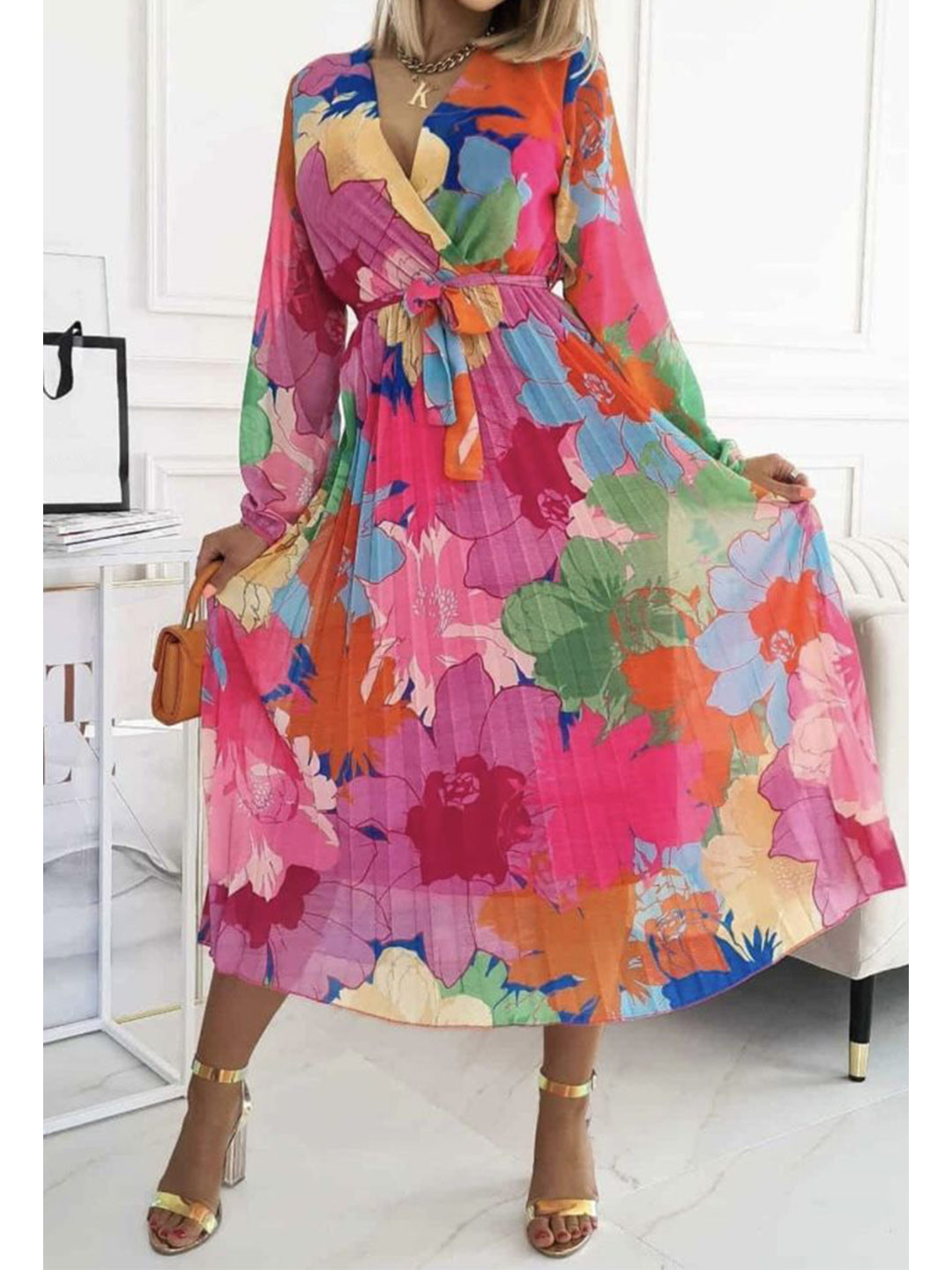 Greenishpink Floral Print Chiffon Empire Midi Dress