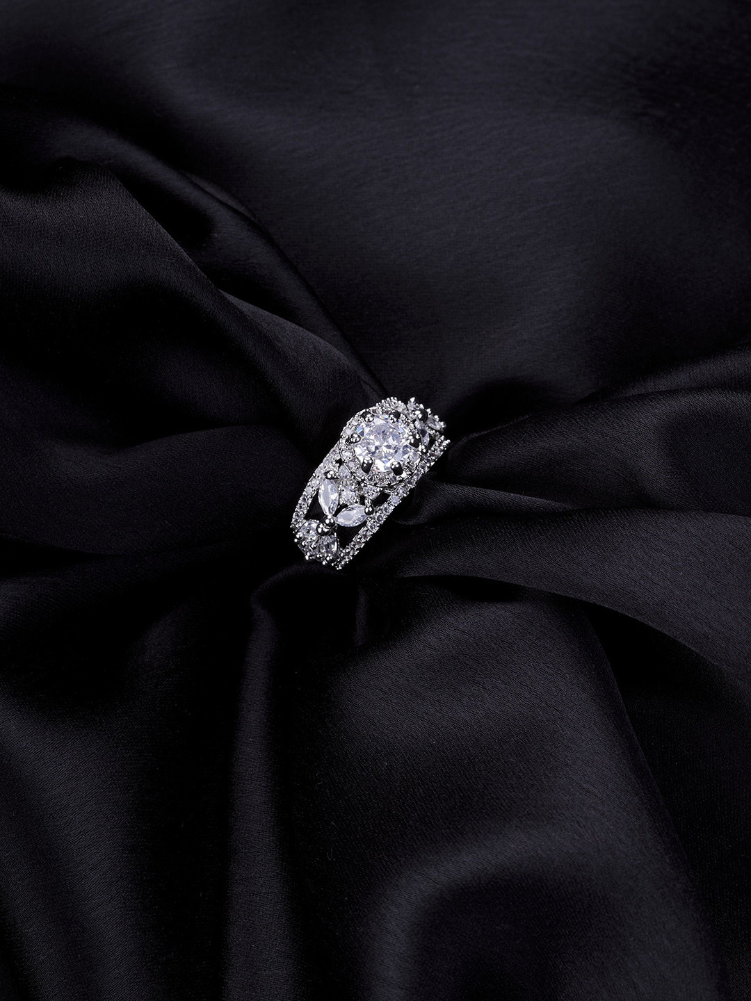 Opal Touch Rhodium-Plated Cubic Zirconia-Studded Adjustable Finger Ring