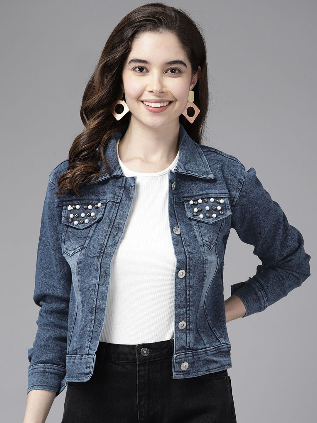 CORSICA Self Design Denim Jacket With Embroidered