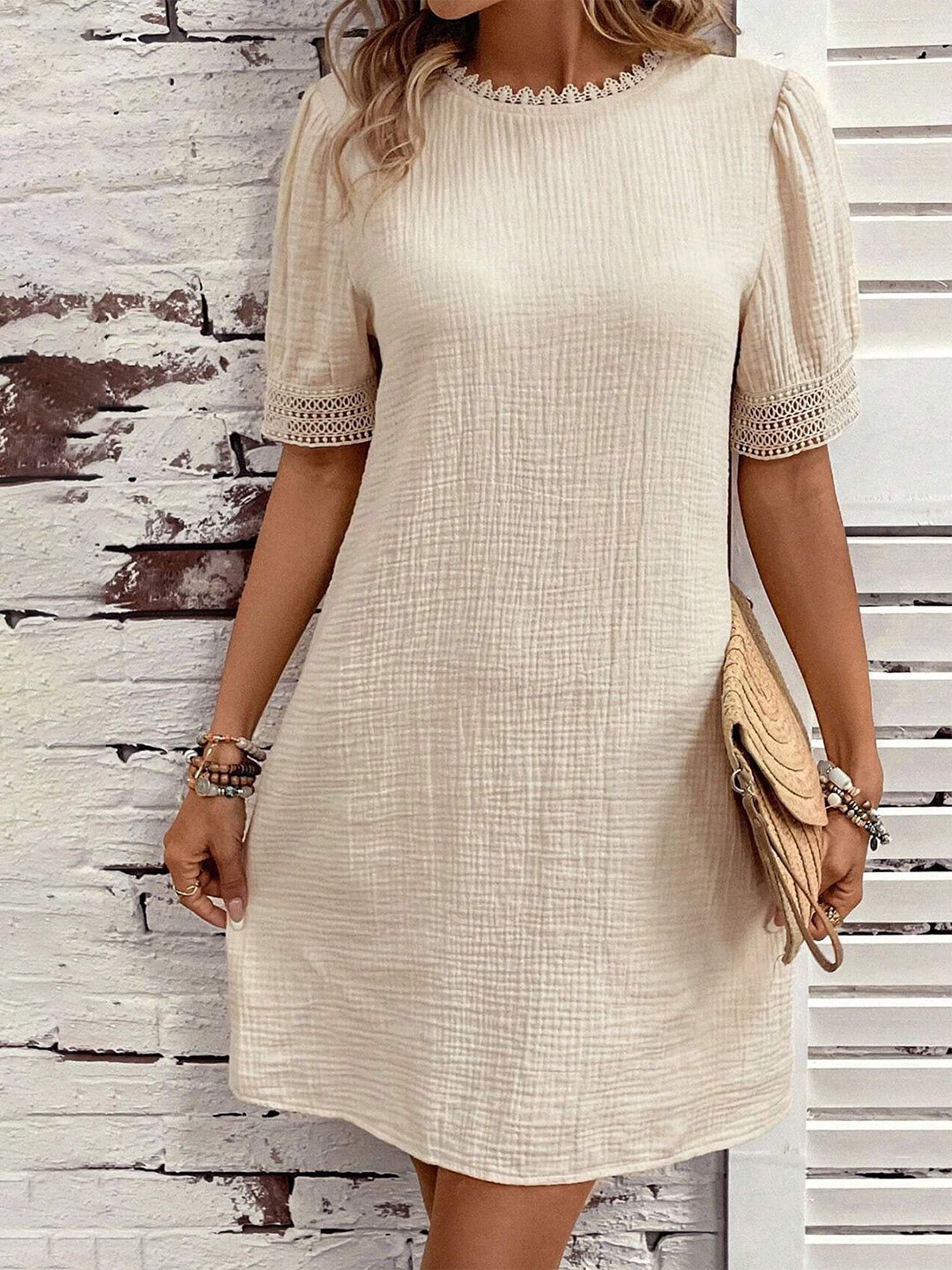 Errabelly Women Beige Crinkle Lace Trim Puff Sleeve Shift Mini Dress