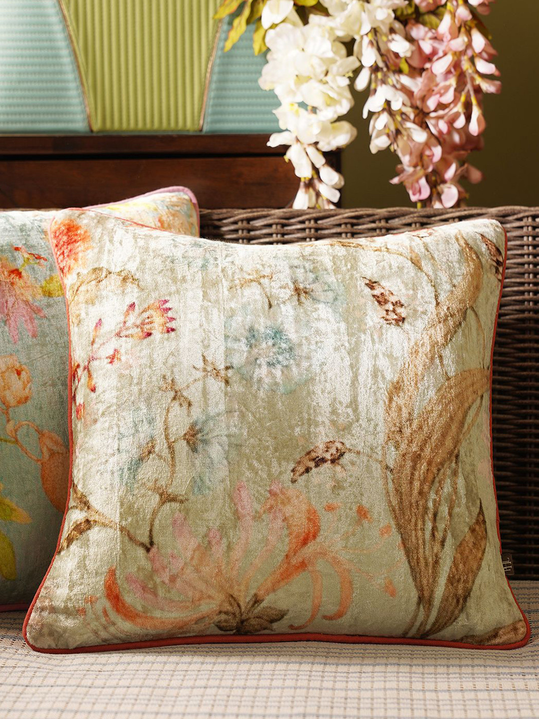 Pure Home and Living Floral Velvet HD Digital 2 Pcs Square Cushion Covers - 17.7x17.7In