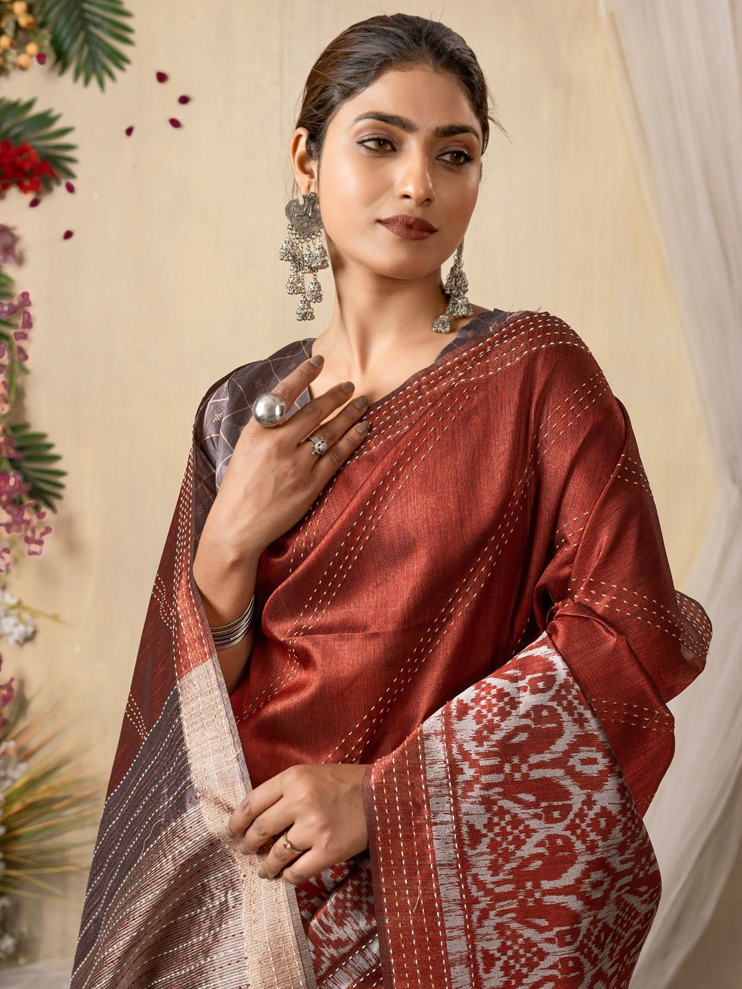 Mitera Kantha Work Silk Cotton Tussar Saree