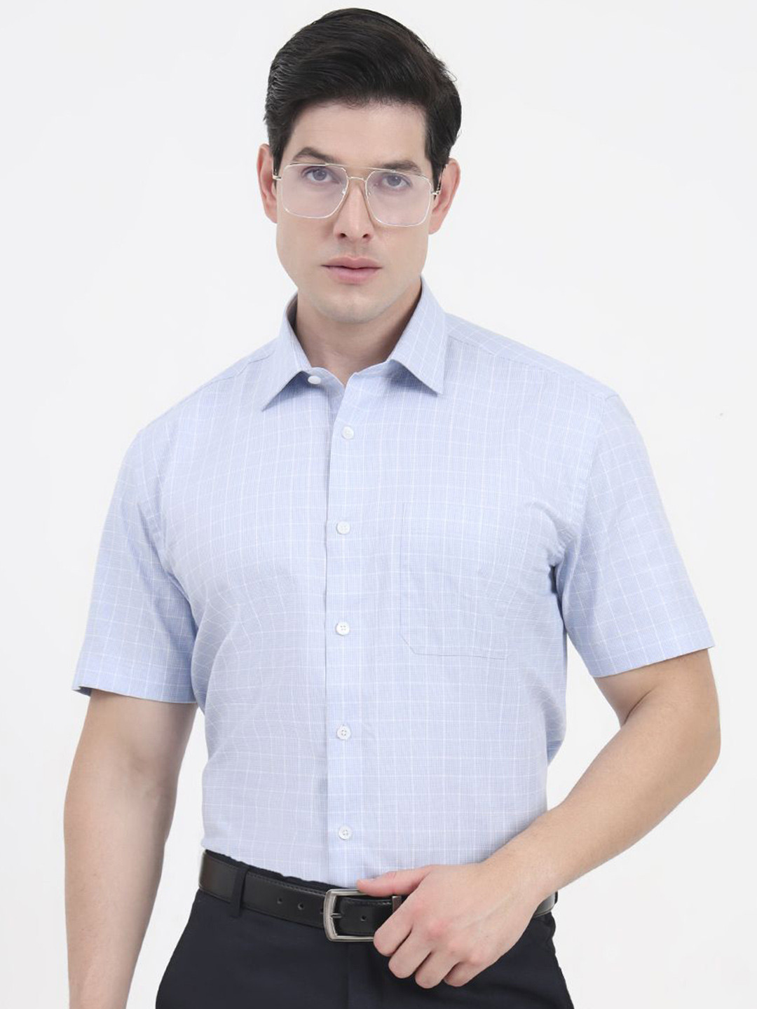 JADE BLUE Grid Tattersall Checks Printed Grid Opaque Formal Cotton Shirt