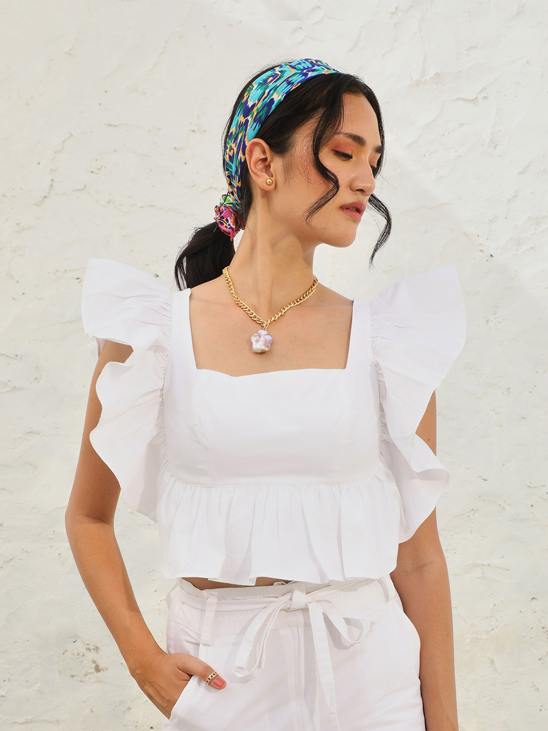 Sunscape Women Square Neck Flutter Sleeves Ruffles Empire Crop Top